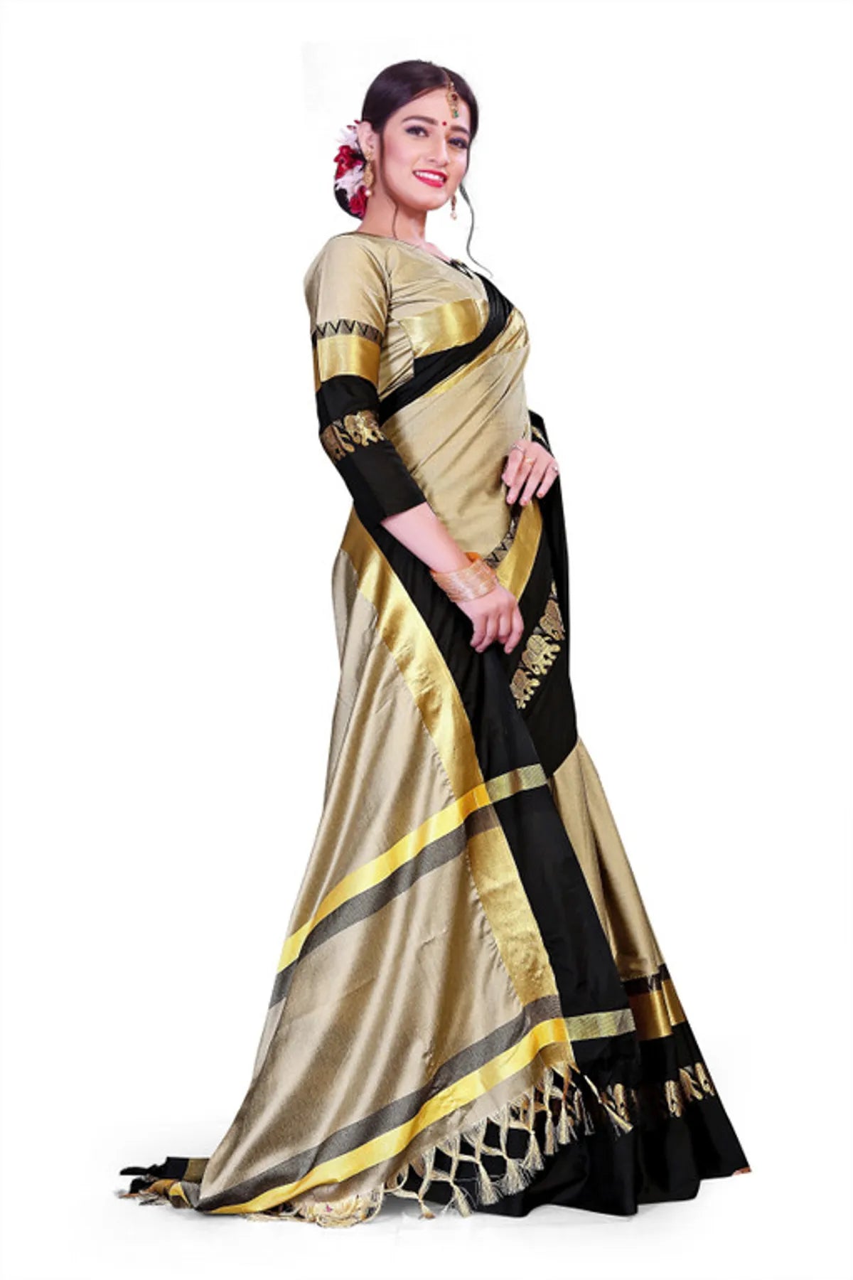 Chiku & Black  Soft Cotton Silk Royal Procession Drape Saree For Women