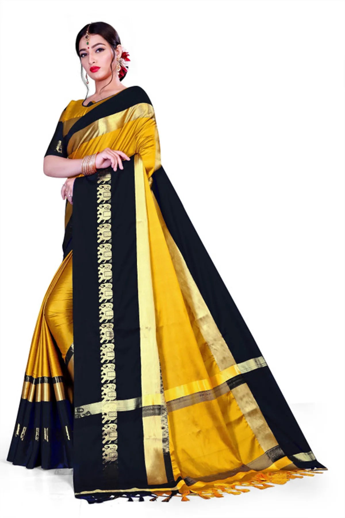 Gold & Black  Soft Cotton Silk Sunburst & Shadow Saree For Women